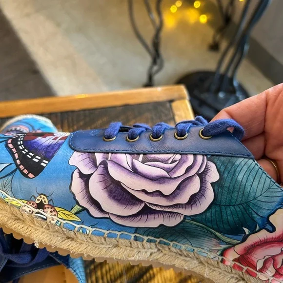 Anuschka Blue Floral & Butterfly Espadrille  Sneakers Boho Art Wear Hand Painted - Picture 4 of 9